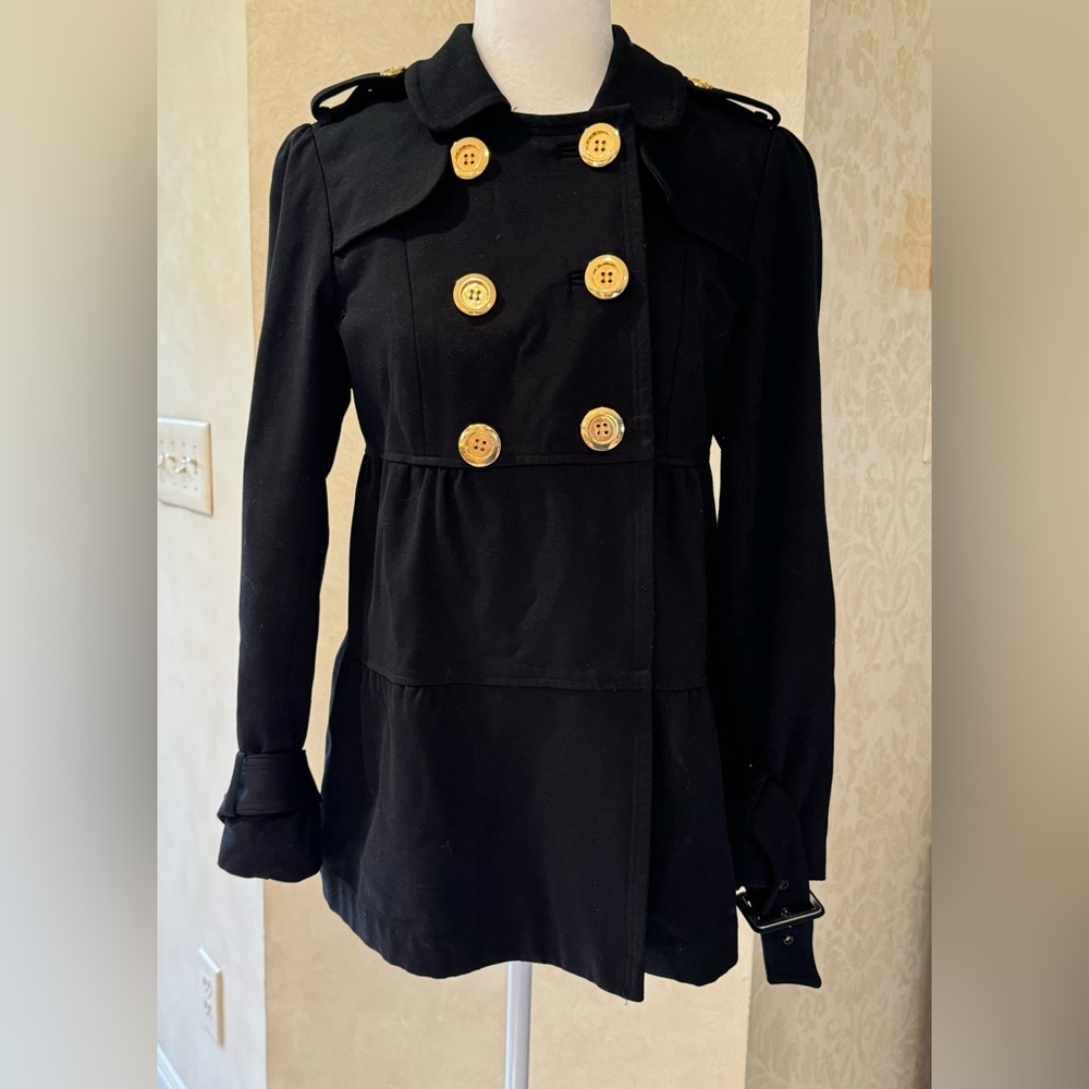 INC Black Trench Coat with Gold Buttons